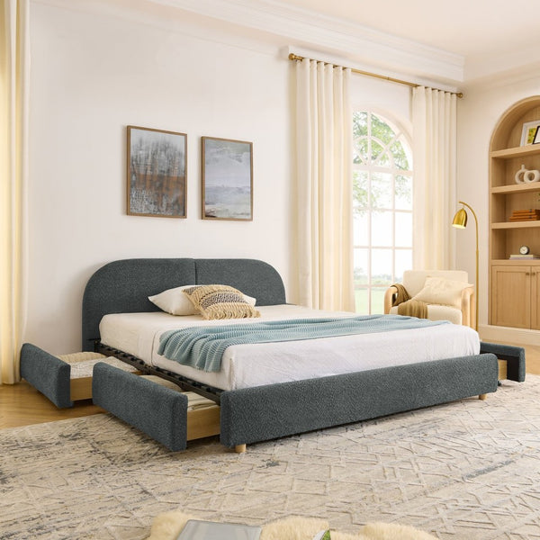 English Elm Queen Platform Bed Curved Headboard Circle Yarn Fabric with Four Wheeled Storage Drawers Dark Gray W487S00479