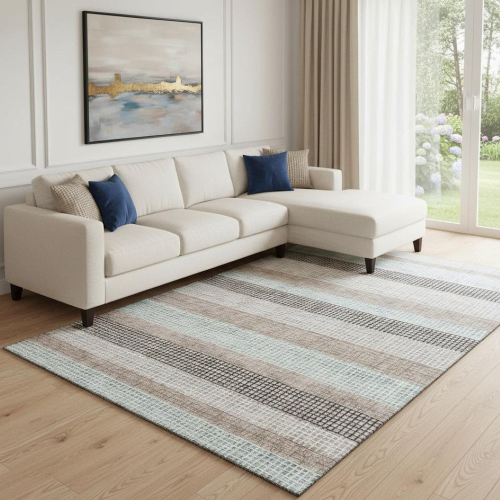 HomeRoots 9' X 12' Taupe, Ivory & Brown Striped Washable Area Rug with UV Protection for Busy Homes & Kids 710800