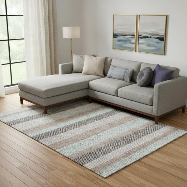 HomeRoots 10' X 14' Taupe Ivory Brown Striped Washable Area Rug - Durable, Stain-Resistant, UV Protected Design! 710801