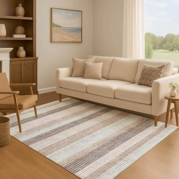 HomeRoots 10' X 14' Taupe Ivory Brown Striped Washable Area Rug - Durable, Stain-Resistant, UV Protected Design! 710801
