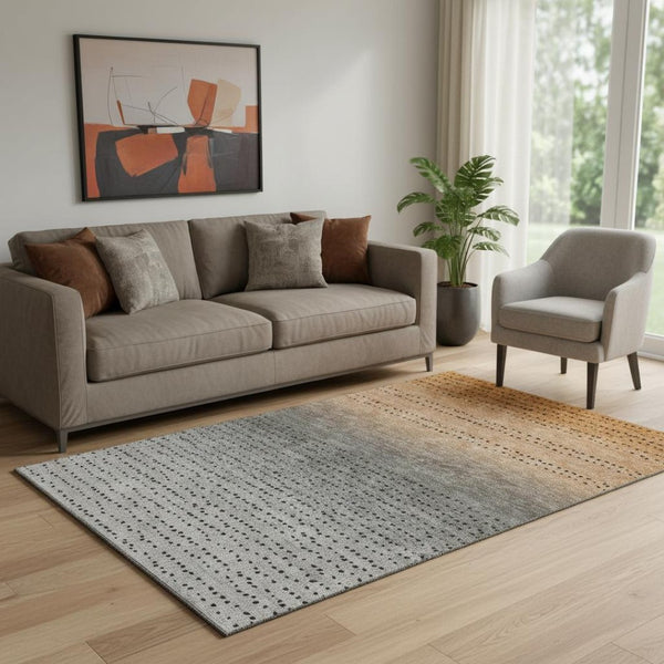 HomeRoots 8' Copper Gray and Silver Abstract Round Rug – Washable, UV-Resistant, Non-Slip for Modern Spaces 710804