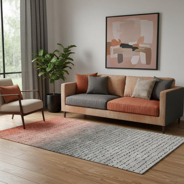 HomeRoots 8' Washable Round Rug with UV Protection - Modern Abstract Design in Rust, Charcoal & Gray Tones 710816