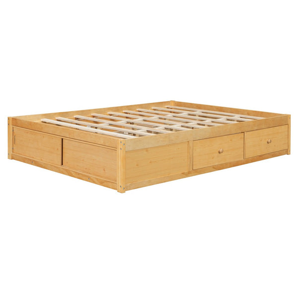 English Elm Queen Platform Bed with Four Storage Drawers Footboard Cubby Modern Low Profile Frame Natural LP000138AAN
