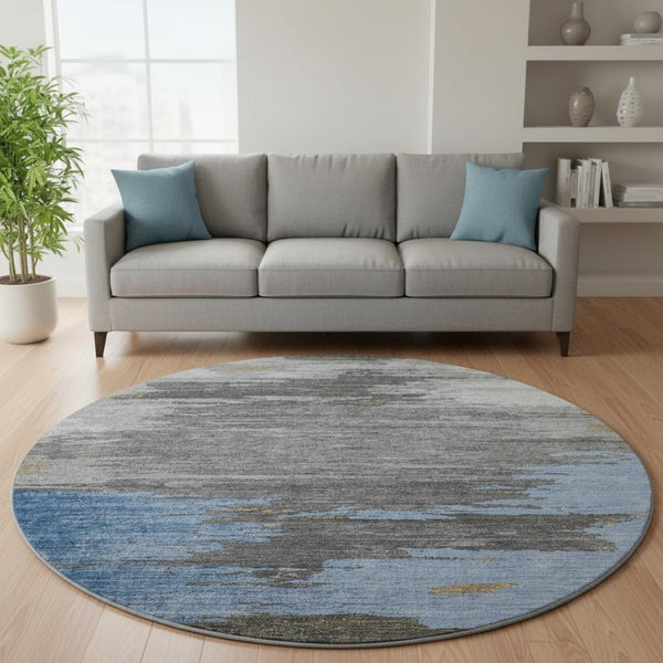 HomeRoots 8' Denim Blue Charcoal Gray Abstract Washable Area Rug – Stylish, Durable, UV-Protected Design for Homes 710841