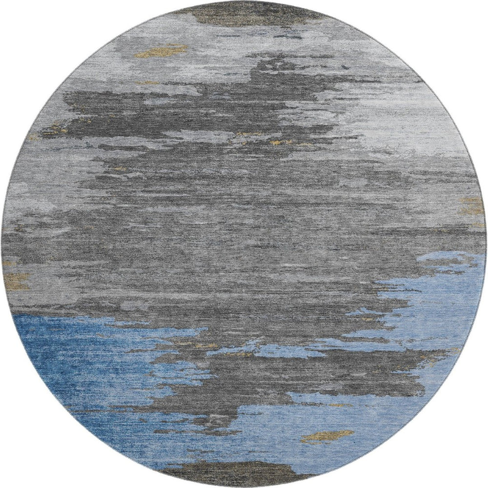HomeRoots 8' Denim Blue Charcoal Gray Abstract Washable Area Rug – Stylish, Durable, UV-Protected Design for Homes 710841