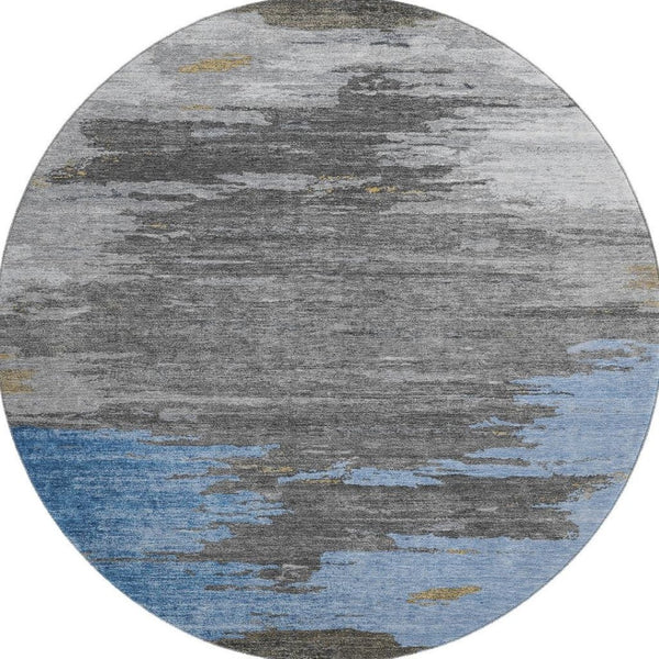 HomeRoots 8' Denim Blue Charcoal Gray Abstract Washable Area Rug – Stylish, Durable, UV-Protected Design for Homes 710841