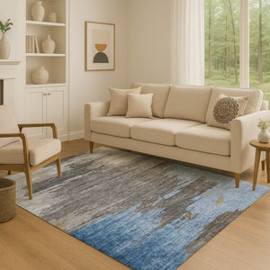 HomeRoots 9' X 12' Denim Blue Charcoal Gray Abstract Area Rug - Washable, UV Protected, Durable & Stylish! 710842