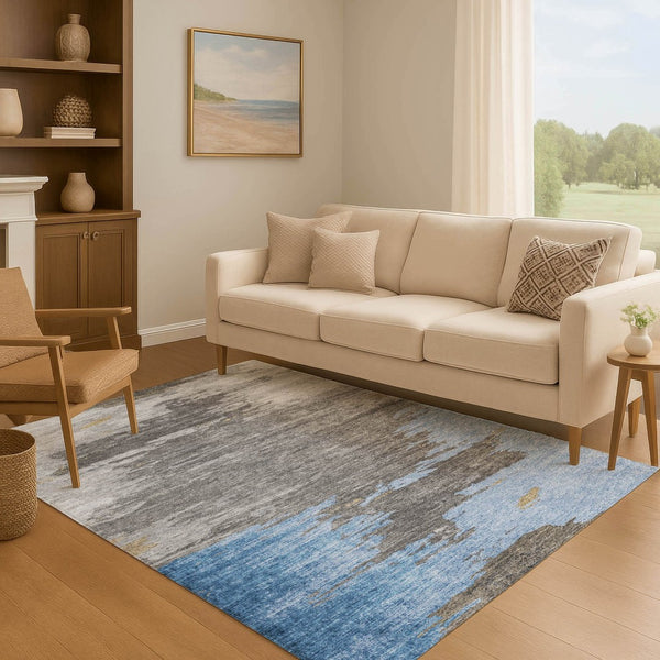 HomeRoots 9' X 12' Denim Blue Charcoal Gray Abstract Area Rug - Washable, UV Protected, Durable & Stylish! 710842