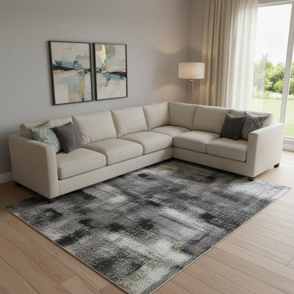 HomeRoots 10' X 14' Washable Denim Blue Charcoal Abstract Area Rug with UV Protection for High-Traffic Homes 710843