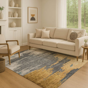 HomeRoots 8' Gold Charcoal & Gray Abstract Round Rug - Washable, UV-Protected, Stylish & Durable for Any Space 710846