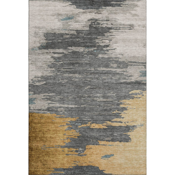 HomeRoots 8' Gold Charcoal & Gray Abstract Round Rug - Washable, UV-Protected, Stylish & Durable for Any Space 710846