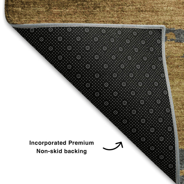 HomeRoots 8' Gold Charcoal & Gray Abstract Round Rug - Washable, UV-Protected, Stylish & Durable for Any Space 710846