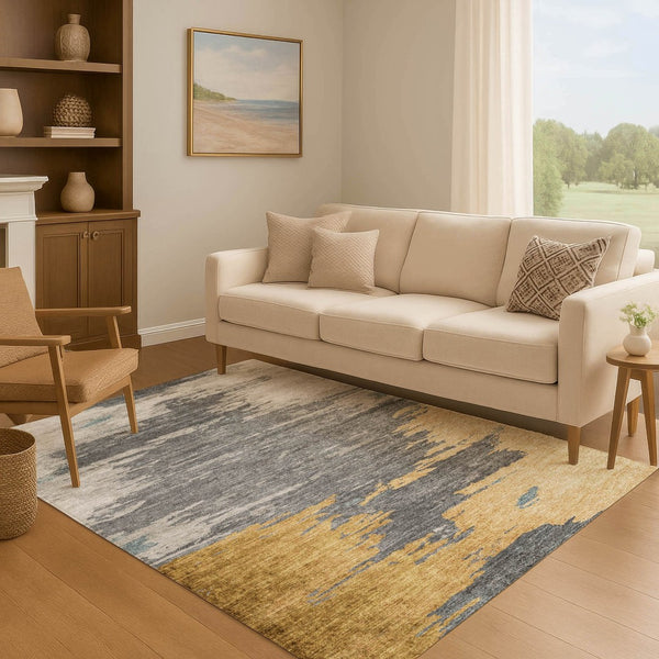 HomeRoots 8' Gold Charcoal & Gray Abstract Round Rug - Washable, UV-Protected, Stylish & Durable for Any Space 710846