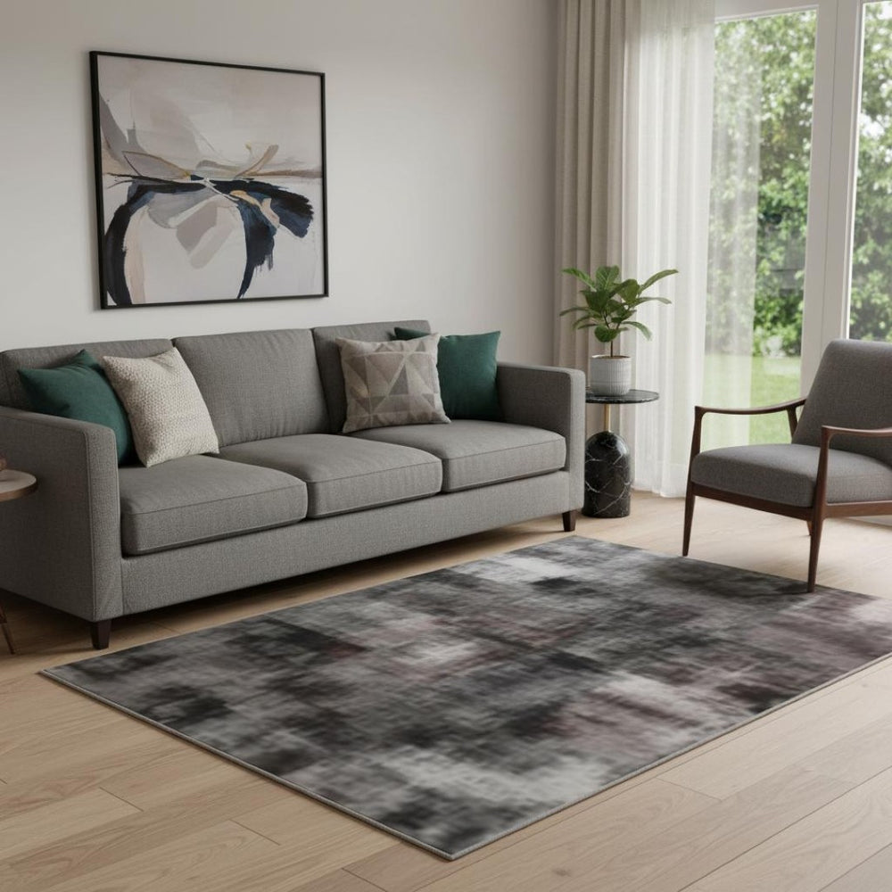 HomeRoots 8' Washable Round Rug with UV Protection – Stylish Rust, Charcoal & Gray Abstract Design for Homes 710852