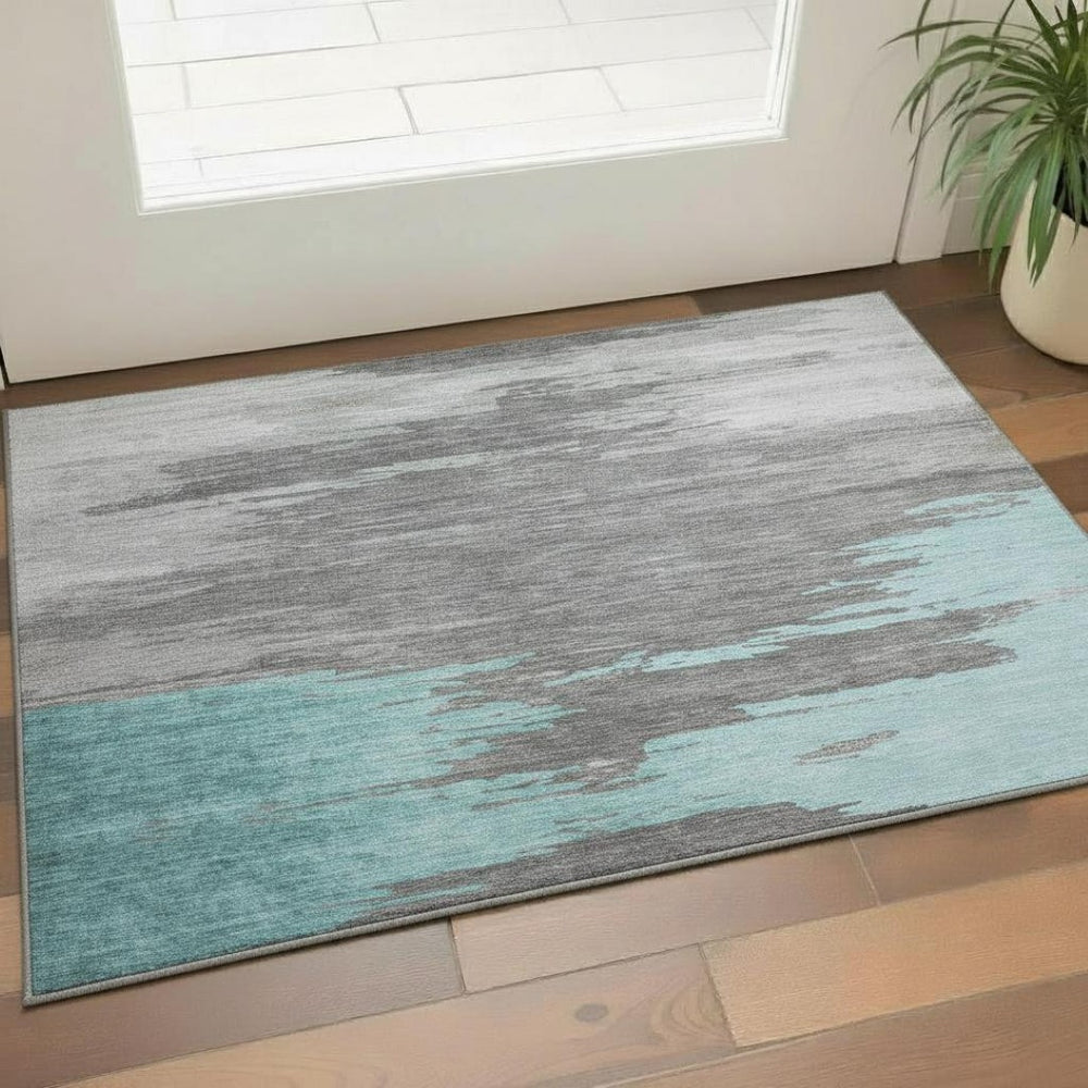 HomeRoots 5' X 8' Stylish Teal Charcoal Gray Abstract Area Rug - Washable, UV Protected, Pet-Friendly Design 710857