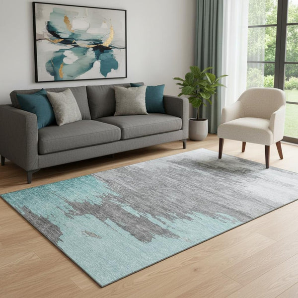 HomeRoots 8' Teal Charcoal and Gray Abstract Round Rug - Washable, UV Protected, Stain Resistant for High Traffic Areas 710858