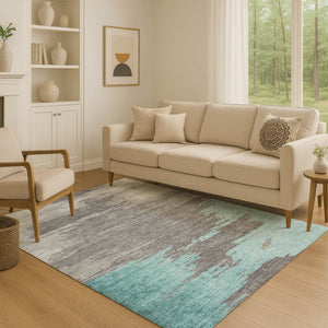 HomeRoots 8' Teal Charcoal and Gray Abstract Round Rug - Washable, UV Protected, Stain Resistant for High Traffic Areas 710858