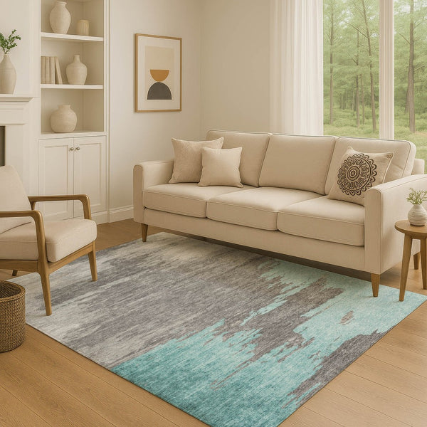HomeRoots 8' Teal Charcoal and Gray Abstract Round Rug - Washable, UV Protected, Stain Resistant for High Traffic Areas 710858