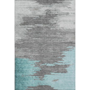 HomeRoots 8' Teal Charcoal and Gray Abstract Round Rug - Washable, UV Protected, Stain Resistant for High Traffic Areas 710858