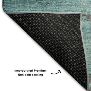 HomeRoots 8' Teal Charcoal and Gray Abstract Round Rug - Washable, UV Protected, Stain Resistant for High Traffic Areas 710858
