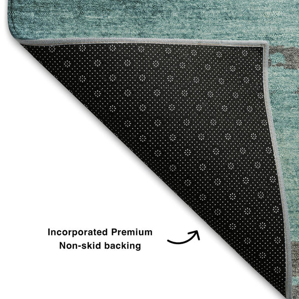 HomeRoots 8' Teal Charcoal and Gray Abstract Round Rug - Washable, UV Protected, Stain Resistant for High Traffic Areas 710858