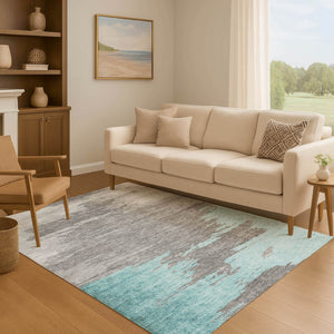 HomeRoots 8' Teal Charcoal and Gray Abstract Round Rug - Washable, UV Protected, Stain Resistant for High Traffic Areas 710858