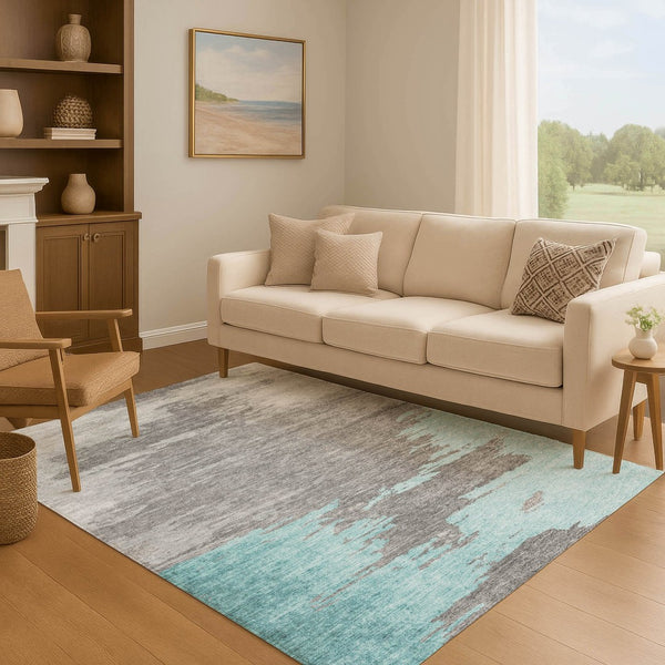 HomeRoots 8' Teal Charcoal and Gray Abstract Round Rug - Washable, UV Protected, Stain Resistant for High Traffic Areas 710858