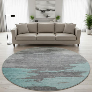 HomeRoots 8' X 10' Teal Charcoal Gray Abstract Area Rug - Washable, UV-Protected, Durable for High-Traffic Spaces 710859