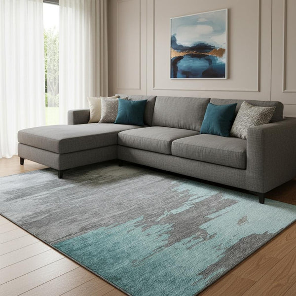 HomeRoots 9' X 12' Teal Charcoal Abstract Washable Area Rug – UV Protected, Stain-Resistant, Modern Design 710860