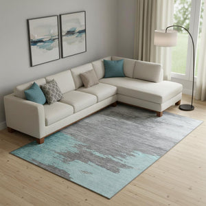 HomeRoots 10' X 14' Teal Charcoal & Gray Abstract Washable Area Rug - UV Protected, Stain-Resistant Design! 710861
