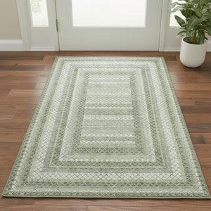 HomeRoots 5' X 8' Artichoke Green Gray Ivory Geometric Area Rug - Washable, UV Protected, Non-Slip Backing! 710863