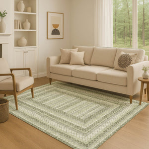 HomeRoots 5' X 8' Artichoke Green Gray Ivory Geometric Area Rug - Washable, UV Protected, Non-Slip Backing! 710863