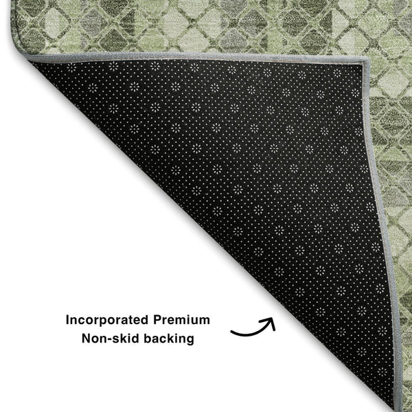 HomeRoots 5' X 8' Artichoke Green Gray Ivory Geometric Area Rug - Washable, UV Protected, Non-Slip Backing! 710863