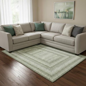 HomeRoots 9' X 12' Artichoke Green Geometric Area Rug – Washable, UV-Protected, Modern Style for High Traffic Spaces 710866