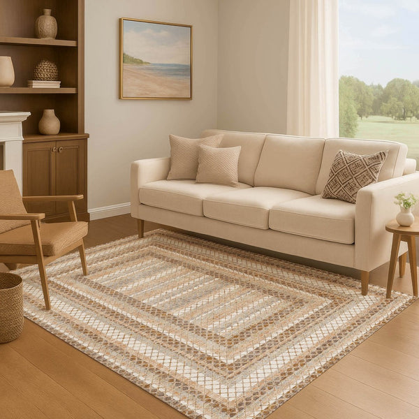 HomeRoots 5' X 8' Chocolate Ivory Beige Geometric Area Rug - Washable, UV Protected, Modern Style for Homes 710869