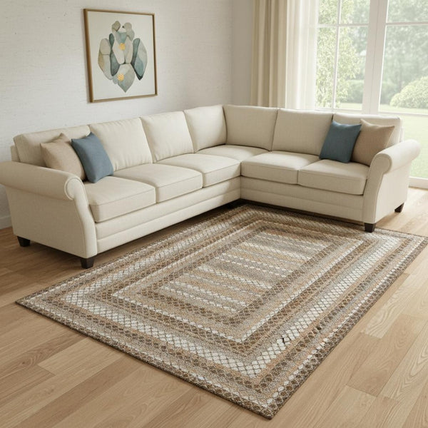 HomeRoots 9' X 12' Geometric Area Rug in Chocolate, Ivory & Beige - Washable, UV-Protected, Stylish & Durable! 710872