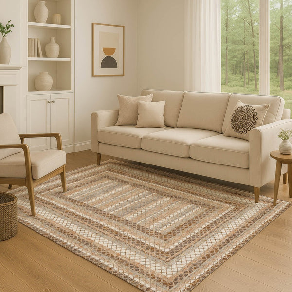 HomeRoots 10' X 14' Geometric Washable Area Rug in Chocolate Ivory Beige - UV Protected, Durable & Stylish! 710873