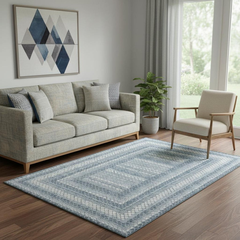 HomeRoots 8' Stylish Denim Blue & Ivory Geometric Washable Round Rug – UV Protected, Durable & Easy-Care! 710876