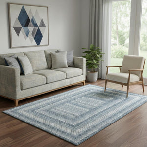 HomeRoots 8' Stylish Denim Blue & Ivory Geometric Washable Round Rug – UV Protected, Durable & Easy-Care! 710876