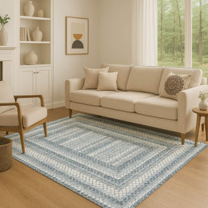 HomeRoots 8' Stylish Denim Blue & Ivory Geometric Washable Round Rug – UV Protected, Durable & Easy-Care! 710876