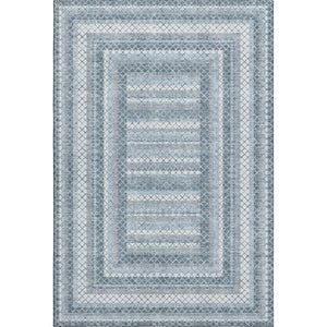 HomeRoots 8' Stylish Denim Blue & Ivory Geometric Washable Round Rug – UV Protected, Durable & Easy-Care! 710876