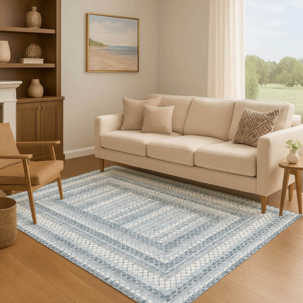 HomeRoots 8' Stylish Denim Blue & Ivory Geometric Washable Round Rug – UV Protected, Durable & Easy-Care! 710876