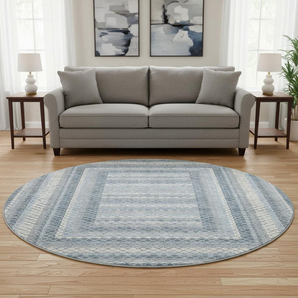 HomeRoots 8' X 10' Denim Blue & Ivory Geometric Area Rug - Washable, UV Protected, Stylish & Durable Design 710877