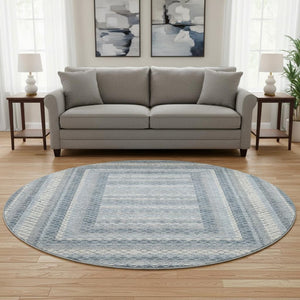 HomeRoots 8' X 10' Denim Blue & Ivory Geometric Area Rug - Washable, UV Protected, Stylish & Durable Design 710877