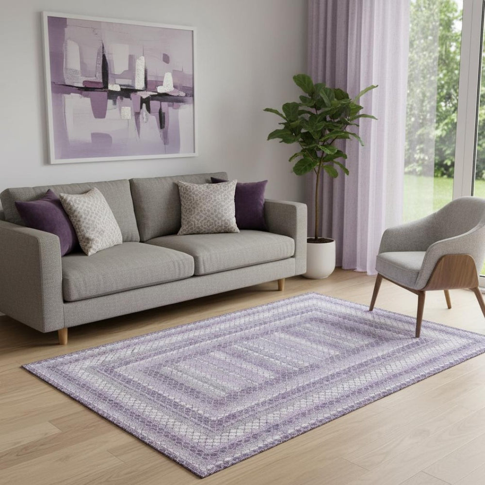 HomeRoots 8' Lavender Geometric Round Rug - Washable, UV Protected, Durable Design for Modern Homes & Style 710882