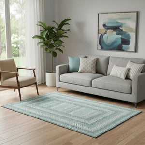 HomeRoots 8' Teal and Gray Geometric Washable Round Rug - UV Protected, Stain Resistant, Non-Slip Design 710888