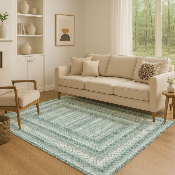 HomeRoots 9' X 12' Teal Ivory and Gray Geometric Washable Area Rug with UV Protection for Stylish Spaces 710890