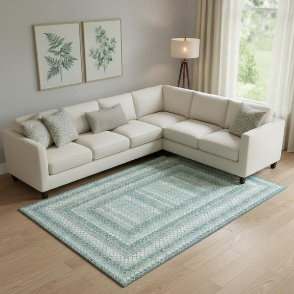 HomeRoots 10' X 14' Teal Ivory & Gray Geometric Area Rug - Durable, Washable, UV Protected for Busy Homes 710891