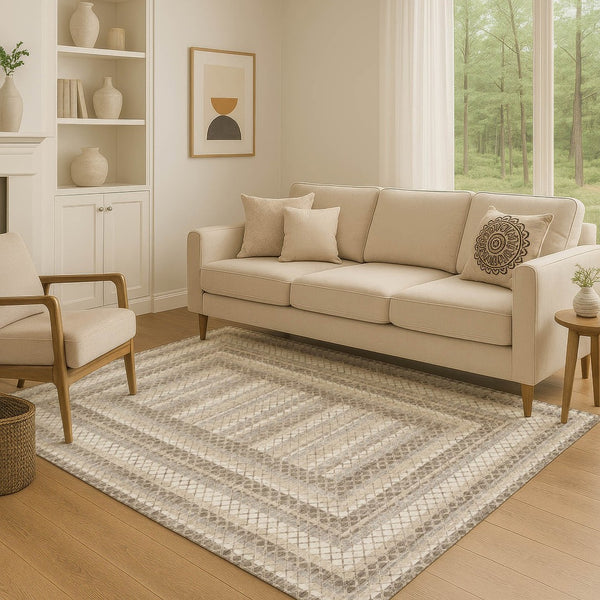 HomeRoots 10' X 14' Taupe Ivory & Gray Geometric Area Rug - Washable, UV Protected, Perfect for High-Traffic Homes! 710897
