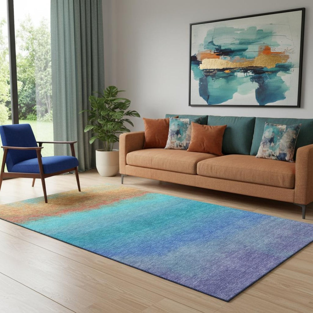 HomeRoots 8' Ombre Washable Round Rug in Aqua, Orange & Copper - UV Protected, Durable & Easy Care for Homes 710900